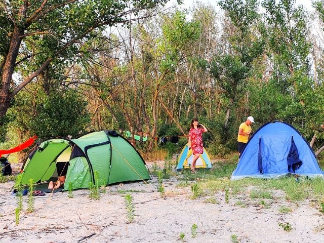 опънати палатки на остров в река дунав - снимка