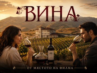 Двойка дегустира вино на фона на вила Мелник и лозето