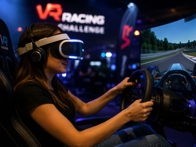 Момиче се забавлява с vr racing
